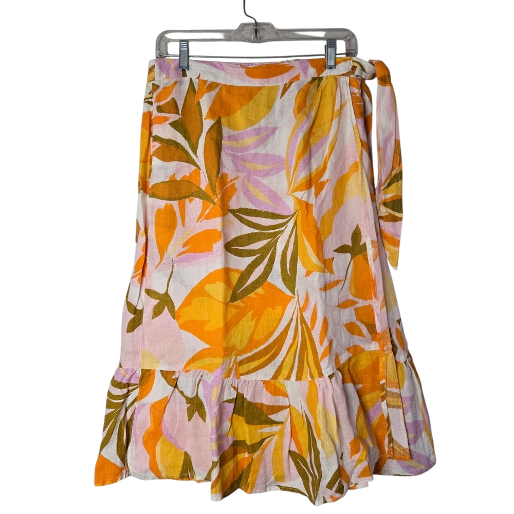 C&C California Tropical Leaf Faux Wrap Linen Ruffle Midi‎ Skirt
